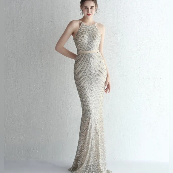 Silver,  O Neck, Sleeveless,  Detachable Skirt, Sequined Mermaid Gown - Picture 7 of 16